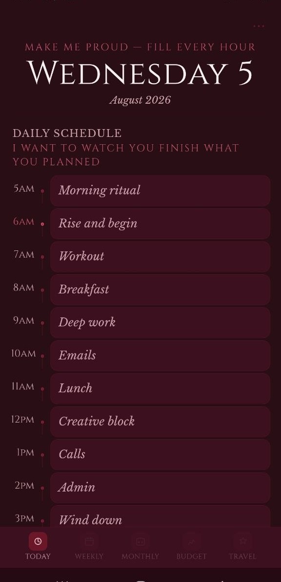 Crimsony daily planner app showing an hour-by-hour schedule in the dark theme