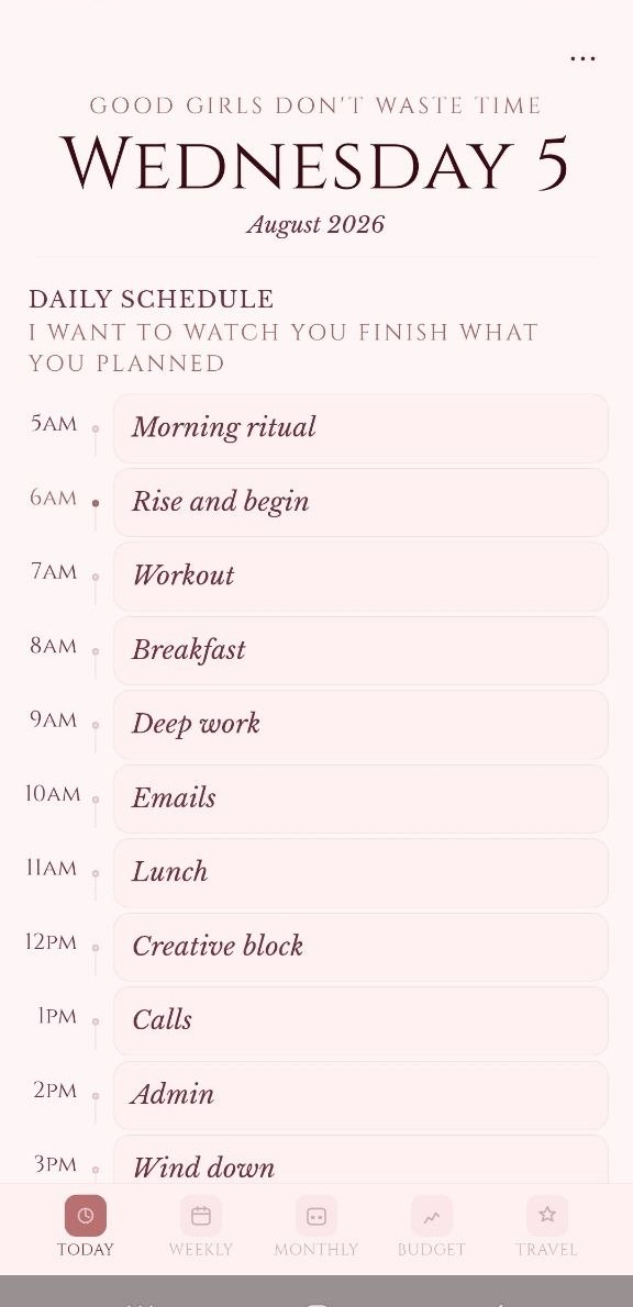 Crimsony planner app daily schedule in the light Blush theme